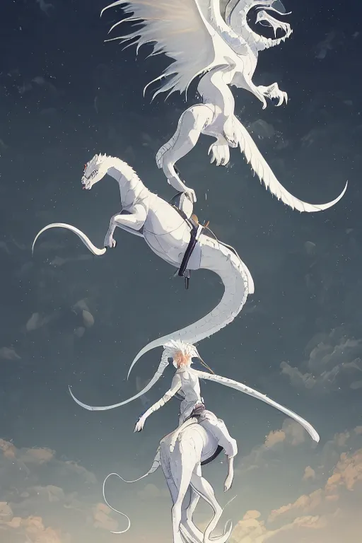 Image similar to vanishing point, white hair eva riding on the white dragon's neck ready to fight, by victo ngai and makoto shinkai, partner, global illumination, radiant light, minimalist, unreal engine 5, concept art ，, digital painting, artstation, smooth, sharp foccus, artstation hq