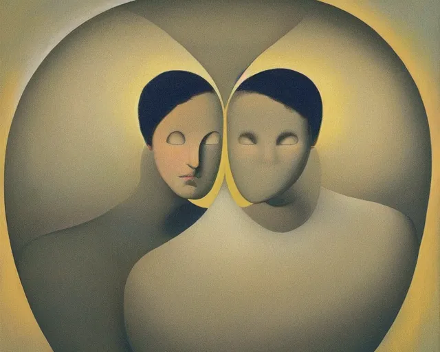 Prompt: a painting of two people in a large ball, a surrealist painting by Grant Wood, pinterest, pop surrealism, henry moore, surrealist, pre-raphaelite