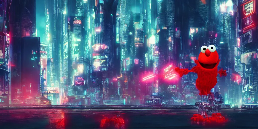 Image similar to elmo!! in cyberpunk night city wallpaper rendering, digital art