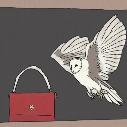 Image similar to barn owl in a black suit wearing an office bag going to the office,drawn by Hayao Miyazaki , highly detailed,anime, anime shot,anime colours, inspired by My Neighbor Totoro 1988,cell shading