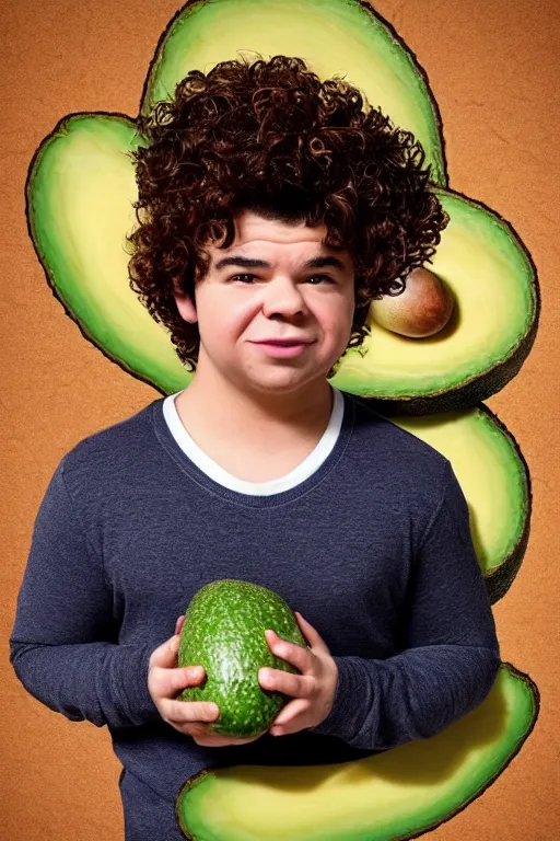 Image similar to 📷 gaten matarazzo the avocado 🥑, made of food, head portrait, dynamic lighting, 4 k