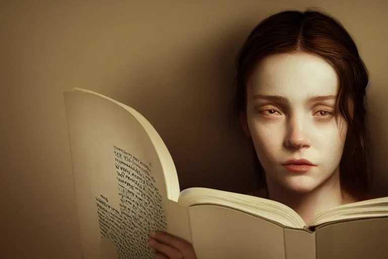 Prompt: an ultra realistic, cinematic, headshot portrait, of a girl reading a book, facial features, detailed, deep focus, movie still, dramatic lighting, ray tracing, by michal karcz and yoshitaka amano