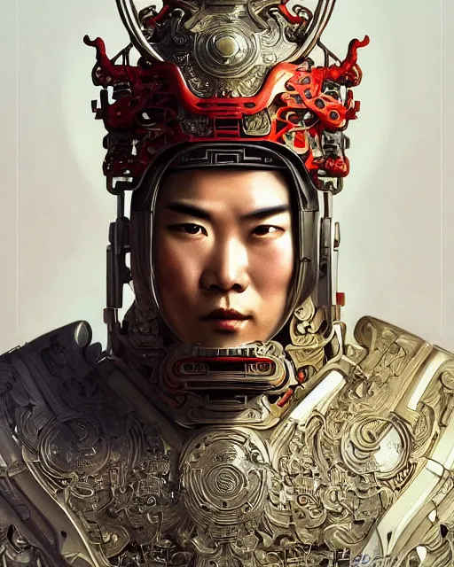 Prompt: portrait of a chinese masculine male cyberpunk machine, machine face, upper half portrait, decorated with chinese opera motifs, muscular arms, asian, fine china, wuxia, traditional chinese art, intricate, elegant, highly detailed symmetry headpiece digital painting artstation concept art smooth sharp focus illustration, art by artgerm and greg rutkowski alphonse mucha 8 k