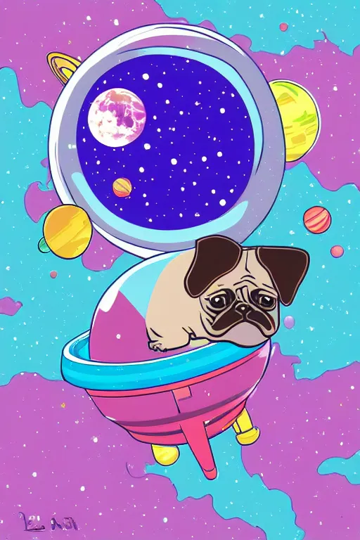 Image similar to planet pug floating in space, art by brian miller, sticker, colorful, illustration, highly detailed, simple, smooth and clean vector curves, no jagged lines, vector art, smooth