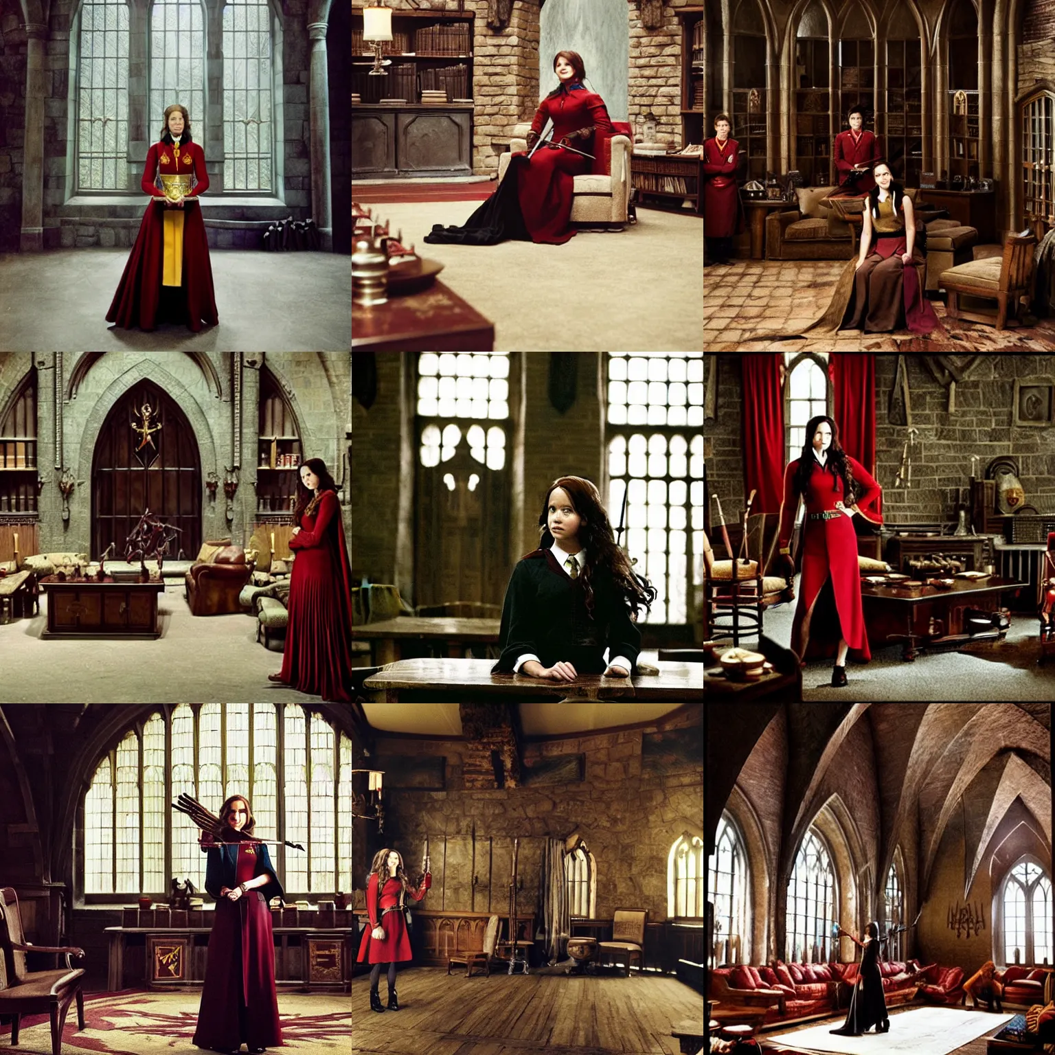 Prompt: hogwarts gryffindor common room, katniss everdeen posing for camera, film still by annie leibovitz