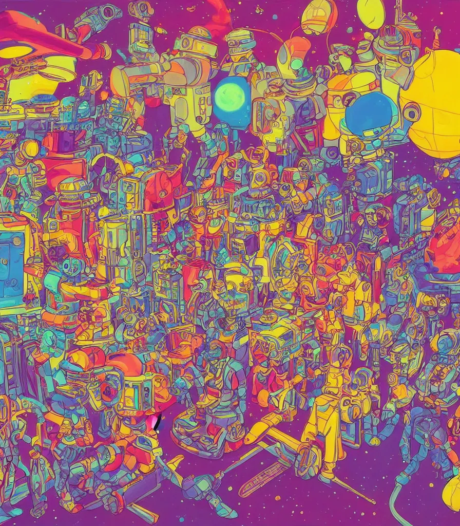 Prompt: a brightly colored drawing of some scientists throwing a party after a heureka moment, 8 0 s art deco international space station, robots, led screens, droids, a detailed painting by lisa frank, james jean, kilian eng, moebius, featured on deviantart, psychedelic art, psychedelic, whimsical, vivid colors