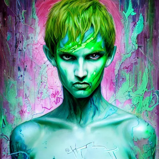 Image similar to a Demon Slayer portrait of Jamie Tovell, tall, pale-skinned, slender with lime green eyes and long eyelashes by Stanley Artgerm, Tom Bagshaw, Arthur Adams, Carne Griffiths, trending on Deviant Art, street art, face enhance, chillwave, maximalist, full of color, glittering