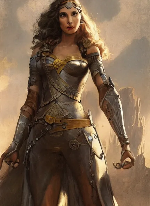 Image similar to highly detailed steampunk gal gadot standing, blond hair, steel age : leonardo da vinci, greg rutkowski, magali villeneuve