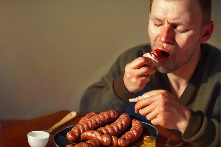 Prompt: ( ( a beautiful 8 k photorealistic masterpiece oil painting ) ( of ( a finnish man eating a sausage in seinajoki ) ) ) ( hyperrealism ) ( 1 6 k ) ( trending on artstation )