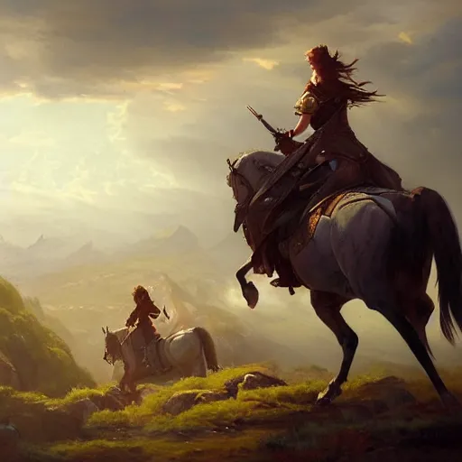 Prompt: warrior queen riding steed, ridge, sweeping views, by greg rutkowski, by asher brown durand, artstation