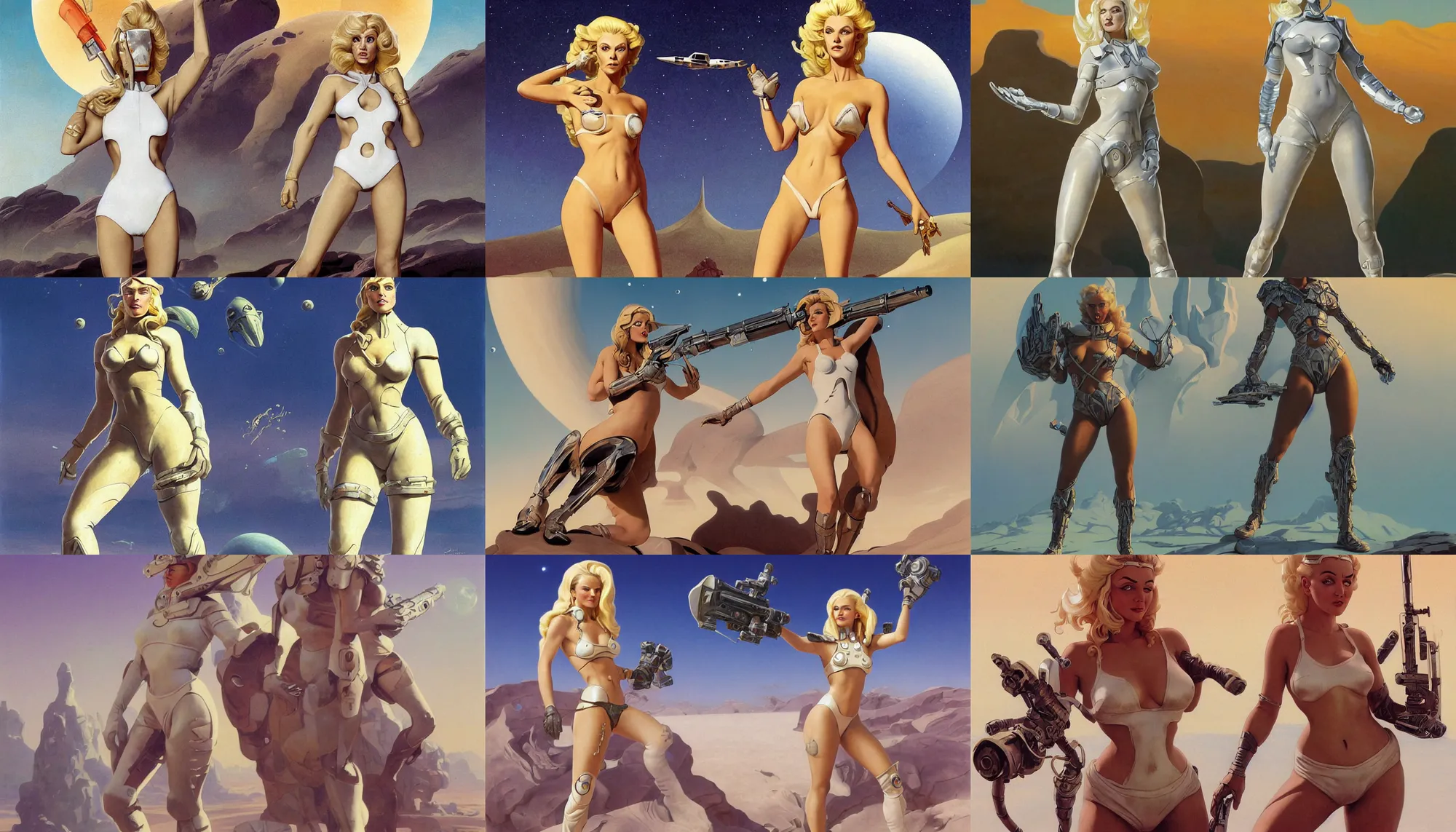 Prompt: A mixed media portrait painting of a beautiful blonde woman posing on a desert alien planet, soldier, curvy, white atomic-space-age style bikini-armor and boots, aesthetic symmetrical face and eyes, Scandinavian, by Boris Vallejo, Beeple, Frank Frazetta, Greg Rutkowski, Christian MacNevin, Alphonse Mucha, epic fantasy character art, high fantasy, CGsociety, 60's Sci-fi Pinup style, exquisite detail, post-processing, masterpiece, cinematic