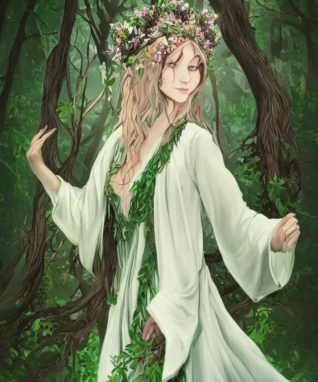 Image similar to young beautiful fey druid woman, full body portrait, white hair, flower crown, dark green robes, intricate, standing in a dark forest, sunbeams, illustration, romanticism