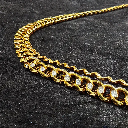 Prompt: a diamond studded gold chain, in hot lava