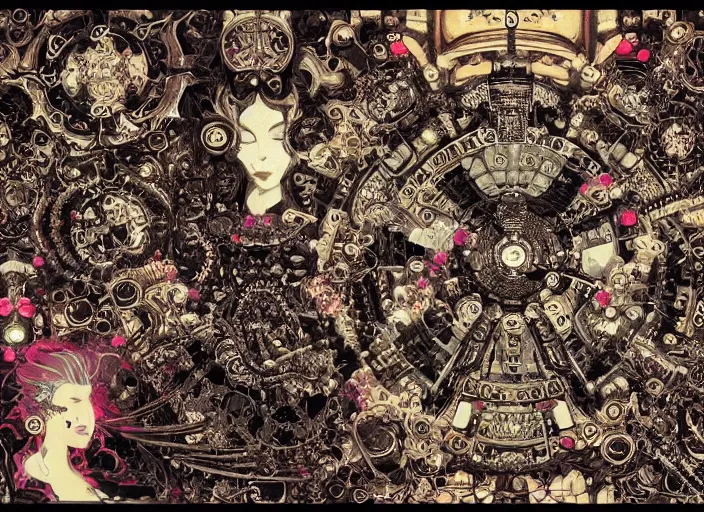 Image similar to baroque rococo bedazzled gothic royalty fractal frames surrounding a futuristic japanese cyberpunk bladerunner silk screen by utagawa yoshiiku, ohara koson, pixiv contest winner, cyberpunk style, horrorcore cyberpunk color scheme, mechanical, robotic, human machine interface, high resolution, hd, bold clear lines