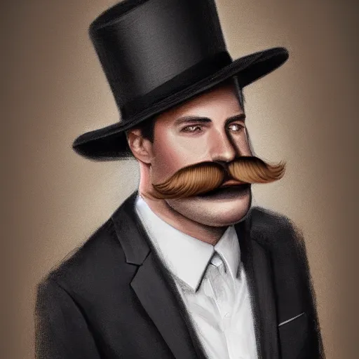 Image similar to Portrait of a man with brown hair and a brown mustache in black suit and black top hat, studio lighting, Sigma 85 mm f/1.4., digital painting, trending on artstation, sharp shadows