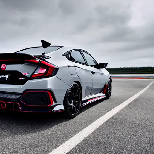 Prompt: 2 0 2 0 civic coupe type r from behind, carbon fiber wing spoiler, volk wheels