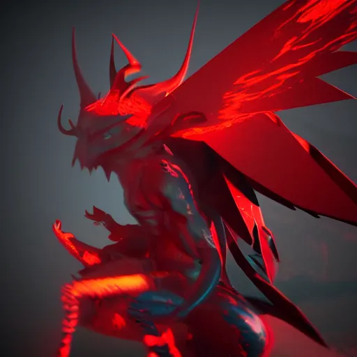 Image similar to abstract shadow demon with wings red hunter eyes, highly realistic photo realistic octane render blender highly detailed 8 k