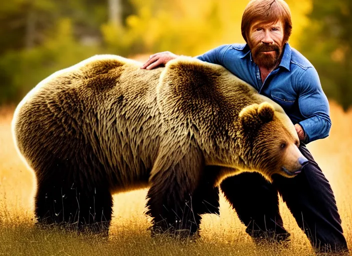 Image similar to portrait photo of chuck norris riding his ( real life! fluffy grizzly bear ), to work at dawn. fantasy magic style. highly detailed 8 k. intricate. lifelike. soft light. sony a 7 r iv 5 5 mm. nature photography.