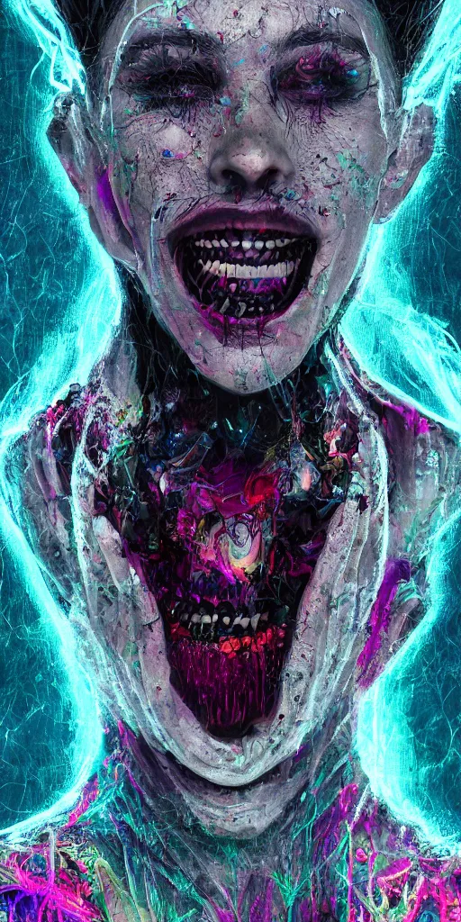 Image similar to Portrait of an impossibly beautiful vampire with large vampire fangs, single face, full body, intricate complexity, horror, psychedelic glitch art, rainbow drip paint, trending on art station, photoreal, 8k, octane render