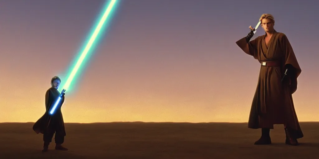 Prompt: !dream A full color still of a teenage blonde Jedi padawan holding the HILT of a lightsaber, at dusk!!!, at golden hour!!!, from The Phantom Menace, directed by Steven Spielberg, 1990