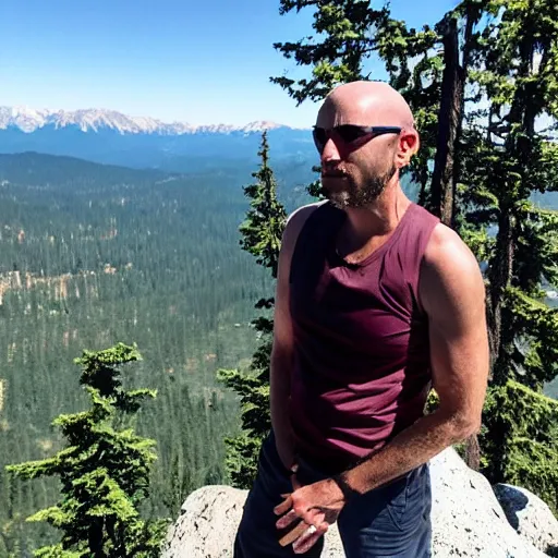 Prompt: 4 0 - year - old, french man from louisiana, shaved bald head, surprised frown, thin build, climbing mountain in washington, wearing sunglasses, standing on boulder looking into distance