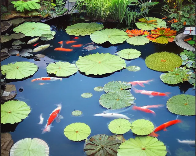 Prompt: koi pond, lotus flowers, dark blue water, green lily pads, goldfish, a fantasy digital painting by makoto shinkai and greg rutkowski, trending on artstation,