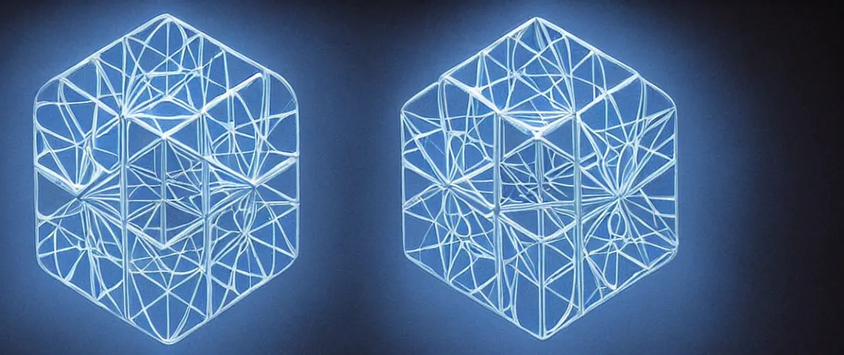 Image similar to hyperrealistic highly detailed metatron's cube rotating mid-air iridescent escher dali matte painting moody blue lighting low angle hd 8k sharp shallow depth of field