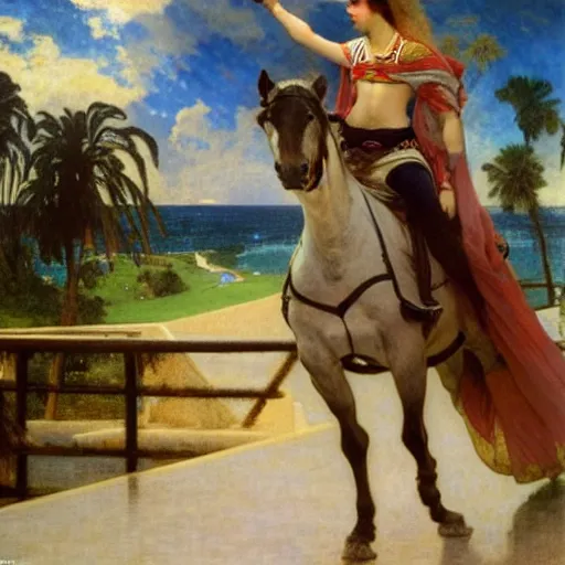 Image similar to Girl riding a horse leaving the castle through the bridge, thunderstorm, beach and palm trees on the background major arcana sky, by paul delaroche, alphonse mucha and arnold böcklin arnold böcklin hyperrealistic 8k, very detailed