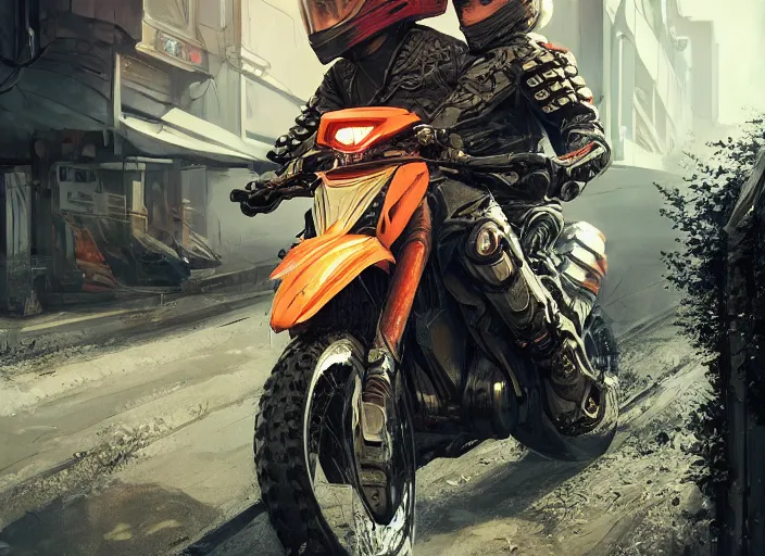 Image similar to beautiful blonde teenage boy wearing cyberpunk intricate streetwear riding dirt bike, beautiful, detailed portrait, cell shaded, 4 k, concept art, by wlop, ilya kuvshinov, artgerm, krenz cushart, greg rutkowski, pixiv. cinematic dramatic atmosphere, sharp focus, volumetric lighting, cinematic lighting, studio quality