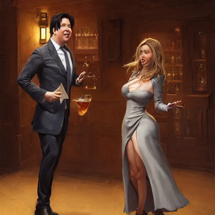 Image similar to portrait of michael mcintyre leaving a bar holding a singing waitress, elegant, real life skin, intricate artwork, high detailed, artstation, concept art, smooth, sharp focus, art by artgerm and greg rutkowski