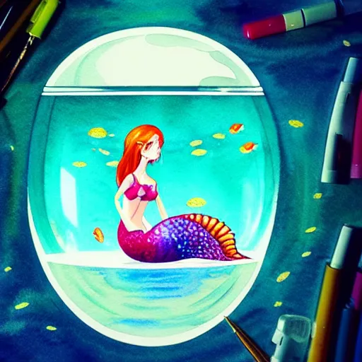 Image similar to watercolor marker drawing of a mermaid sitting in a fish bowl, a storybook illustration by cyril rolando, featured on pixiv, pop surrealism, fisheye lens, anime