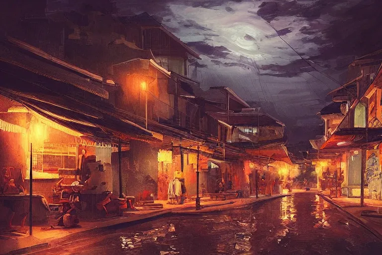 Image similar to “Painting of a Philippine city at night with pre-colonial Philippine architecture, hyperrealistic, cinematic lighting, detailed, concept art, artstation”
