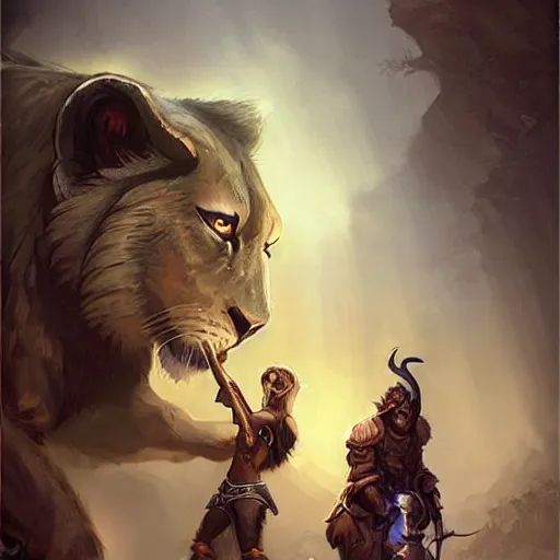 Image similar to An Balck 1920's adventurer holding a lion cub in his hands in World of Warcraft, cover art, ultra wide lens shot, pretty, beautiful, DnD character art portrait, matte fantasy painting, DeviantArt Artstation, by Jason Felix by Steve Argyle by Tyler Jacobson by Peter Mohrbacher, cinematic lighting