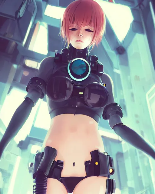 Prompt: kyoto animation, cool girl wearing cyberpunk mechanical futuristic bikini, respirator, detailed portrait, cell shaded, 4 k, concept art, by wlop, ilya kuvshinov, artgerm, krenz cushart, greg rutkowski, pixiv. cinematic dramatic atmosphere, sharp focus, volumetric lighting, cinematic lighting, studio quality