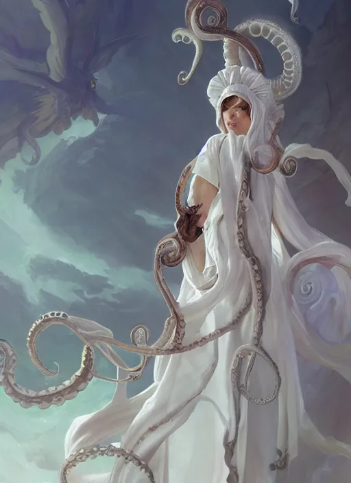 Prompt: holy cephalopod with many tentacles and angelic wings wearing long flowy white robes, fanart behance trending on artstation, concept art, matte, sharp focus, illustration, ascending to heaven, hearthstone, art by artgerm and greg rutkowski and alphonse mucha