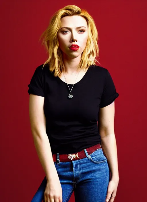 Image similar to portrait of scarlet johansson wearing a red t shirt and short jeans, by charlotte grimm, natural light, detailed face, beautiful features, symmetrical, canon eos c 3 0 0, ƒ 1. 8, 3 5 mm, 8 k, medium - format print, half body shot