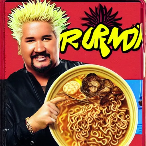 Image similar to guy fieri has ramen noodle hair for the nintendo genesis, game case, box art