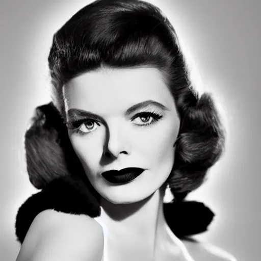 Image similar to a fashion photo portrait of a young Katherine Hepburn, full makup, smokey eye, medium shot. In the style of Helmut newton, robert maplethorpe, Stefano Brunesci, Lachlan Bailey, Herb Ritts, Ellen Von Unwerth, Haris Nukem, Sardax, Annie Leibovitz. detailed photo, hd, 4k, trending on artstation, 35mm, f1.8