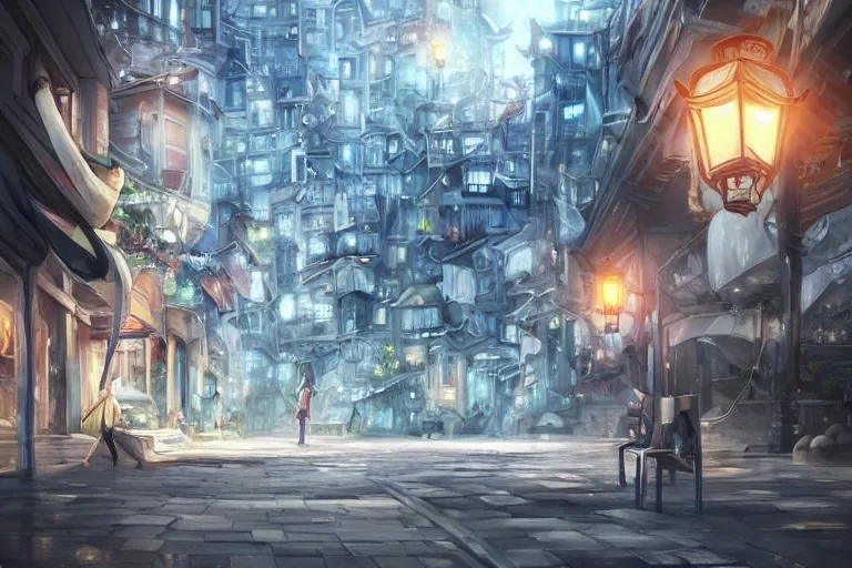 Prompt: dynamic composition, motion, ultra - detailed, incredibly detailed, a lot of details, amazing fine details and brush strokes, colorful and grayish palette, smooth, hd semirealistic anime cg concept art digital painting, watercolor oil painting without people, in asian city in style of cytus and deemo, blue flame, relaxing, calm and mysterious vibes