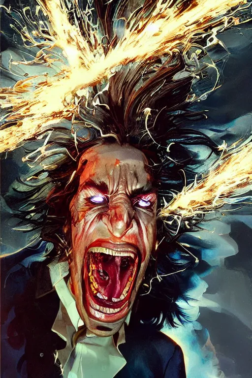 Prompt: no negative space uhd hyperrealistic photorealisitc hyperdetailed detailed rick sanchez screaming, motion lines!!!! sparks flying!!! motion blur!! with sparking circuits, studio lighting, by phil hale!!!! goya!!! ayami kojima amano karol bak, greg hildebrandt and mark brooks