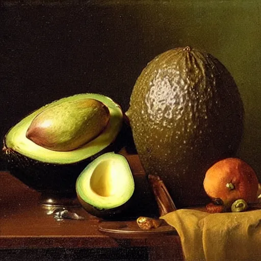 Image similar to still life by willem claesz heda, avocados, bread