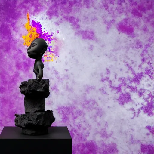 Image similar to 3D statue!!!, purple shattered paint!, glowing lava!!!, conglomerate!, slush!!, organized composition!, abstract!, black backdrop!, 4k!, award-winning photo!!!!