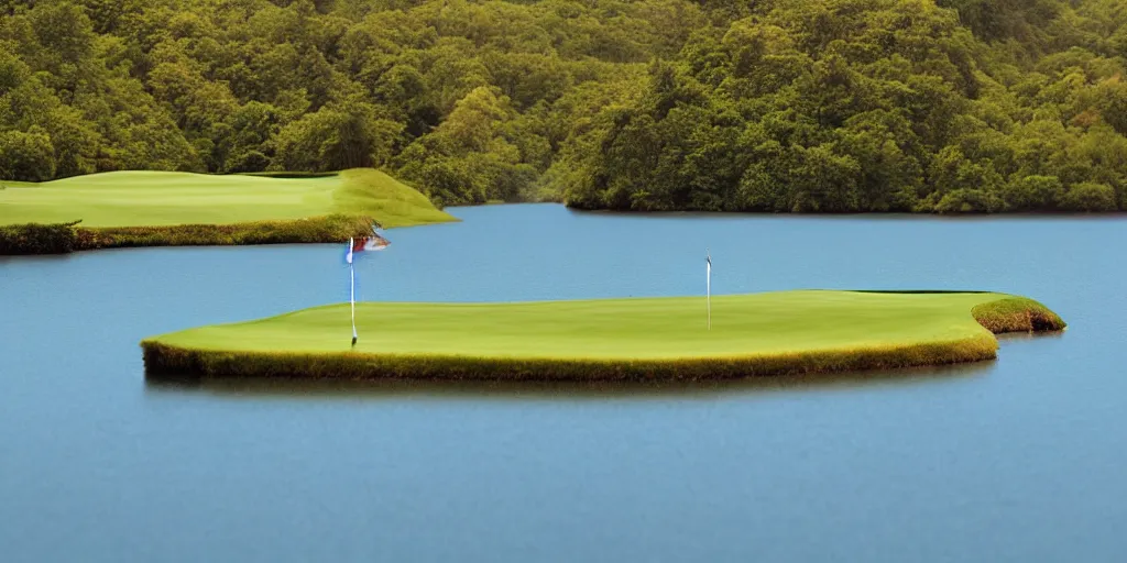 Image similar to a great photograph of the most amazing golf hole in the world completely surrounded by water, calm water, perfect light, loch ness monster, ambient light, miniature, tilt shift lens, golf digest, top 1 0 0, fog