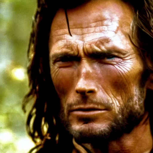 Prompt: A medium shot of Clint Eastwood as Aragorn, shallow depth of field