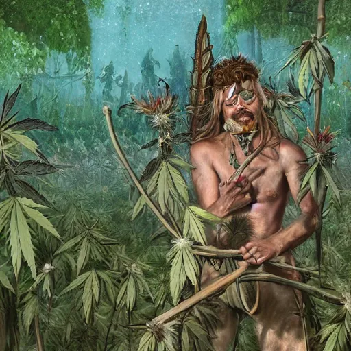 Prompt: intoxicated lazy shirtless hippie warrior wearing twigs and leaves and bone jewlery smiling sheepishly in a field of cannabis plants, highly detailed, dramatic lighting, night time, cinematic, fantasy art, hyperrealistic, detailed