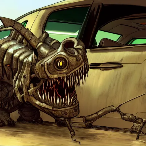 Prompt: photo of the deathclaw monster inside the car, artstation