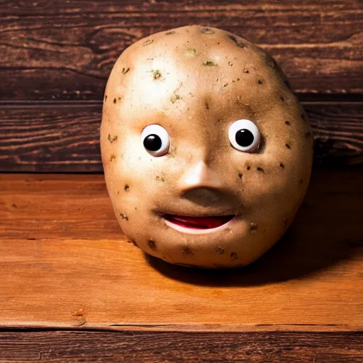 Image similar to potato with face, legs and arms, on a wooden table