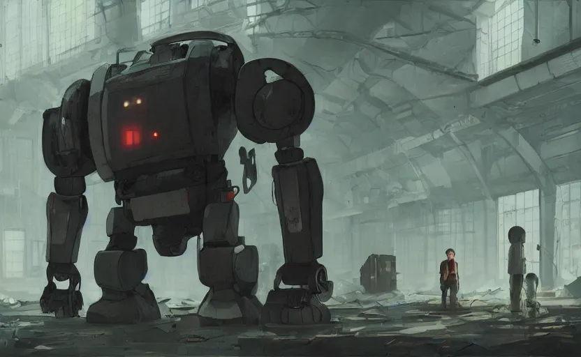 Prompt: a huge broken robot standing in a mess warehouse, artstation, studio ghibli, miyazaki, highly details