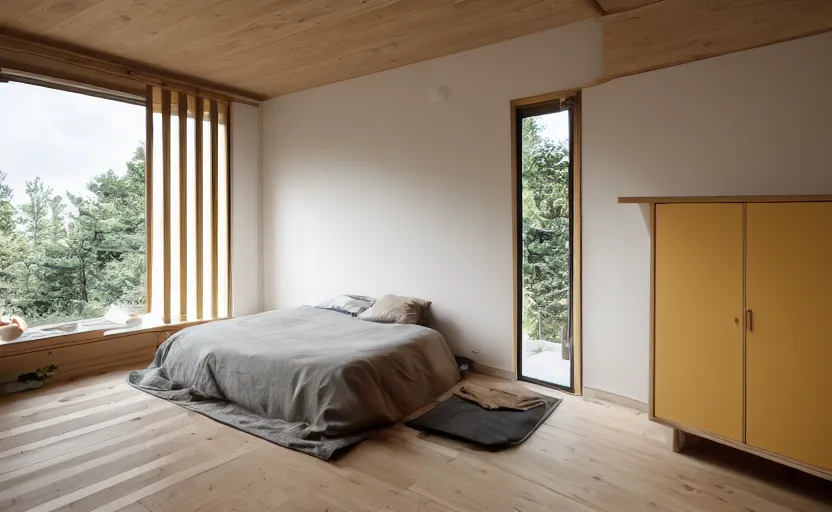 Image similar to interior of a compact minimalist bedroom in an apartment building, bed, ocher wall, cupboards, japanese design, swedish design, natural materials, pine wood, earth colors, feng shui, white, beige, bright, windows with a view of a green park, modernist, 8 k