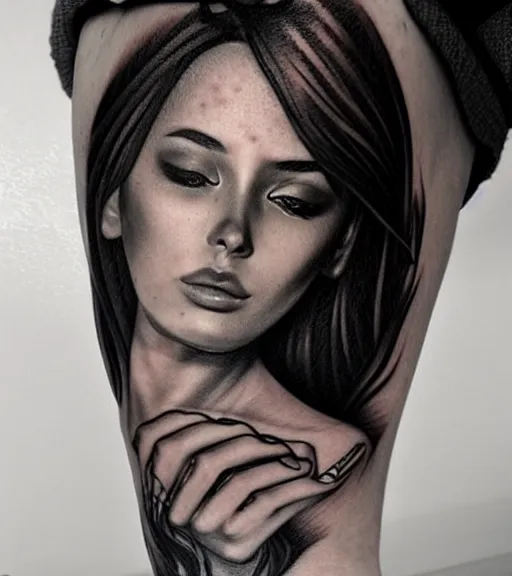 Image similar to tattoo design sketch of a beautiful woman face in front of a background of beautiful mountains, amazing blend effect, hyper - realistic, in the style of matteo pasqualin, amazing detail, black and white